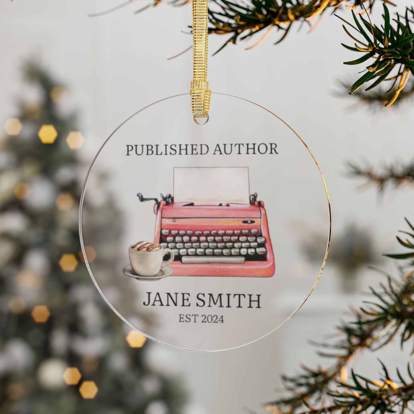 Personalized Published Author Ornament  - Pink Typewriter